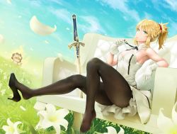 Rule 34 | 1girl, artoria pendragon (fate), bare shoulders, black pantyhose, black ribbon, blonde hair, blush, braid, breasts, commentary request, cosplay, fate/grand order, fate (series), flower, gloves, green eyes, hair ornament, hair scrunchie, high heels, highres, kunaboto, long hair, looking at viewer, mordred (fate), mordred (fate/apocrypha), outdoors, pantyhose, parted bangs, ponytail, red scrunchie, ribbon, scrunchie, shoe dangle, shoes, single shoe, sitting, solo, solo focus, sword, weapon, white flower, white gloves