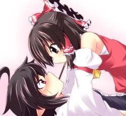 Rule 34 | 2girls, ahoge, ascot, bandages, black dress, black hair, blush, bow, detached sleeves, dress, eye contact, face-to-face, female focus, food, girl on top, grey eyes, hair bow, hair tubes, hakurei reimu, houjuu nue, ichimi, imminent kiss, long sleeves, looking at another, multiple girls, pocky, pocky kiss, pointy ears, red dress, red eyes, sarashi, shared food, touhou, wide sleeves, yuri
