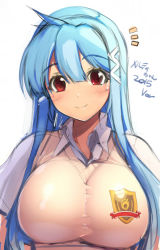 Rule 34 | 1girl, blue hair, blush, breasts, female focus, large breasts, long hair, looking at viewer, mel/a, melmaid, original, red eyes, school uniform, simple background, smile, solo, upper body, vest, white background