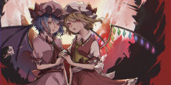 Rule 34 | 2girls, ascot, back bow, bat wings, blonde hair, blue brooch, blue hair, bow, breasts, brooch, center frills, closed mouth, collarbone, collared shirt, crystal, flandre scarlet, frilled shirt collar, frilled skirt, frilled sleeves, frills, glowing, glowing wings, hamu (hm tama0), hat, hat bow, highres, holding hands, interlocked fingers, jewelry, large bow, looking at viewer, medium hair, mob cap, multicolored wings, multiple girls, pink headwear, pink shirt, pink skirt, pointy ears, red ascot, red background, red bow, red eyes, red skirt, red vest, remilia scarlet, shirt, siblings, simple background, sisters, skirt, skirt set, small breasts, touhou, vest, white bow, white headwear, white shirt, wings, yellow ascot