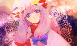 Rule 34 | 1girl, bad id, bad pixiv id, big hair, blue bow, blunt bangs, blush, bow, bowtie, doily, gradient background, hair bow, hat, head tilt, long hair, looking at viewer, mob cap, patchouli knowledge, purple eyes, purple hair, red bow, smile, solo, sugatang, touhou, upper body