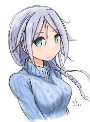 Rule 34 | 1girl, aqua eyes, artist name, artist request, blue sweater, blush, braid, breasts, curse (023), dated, highres, kantai collection, long hair, looking at viewer, medium breasts, mole, mole under eye, neck, silver hair, single braid, smile, solo, sweater, turtleneck, umikaze (kancolle), upper body, white background