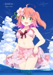 Rule 34 | 1girl, ahoge, bare shoulders, bikini, blue sky, character name, cherry blossom print, cherry blossoms, cloud, cloudy sky, day, floral print, flower, frilled bikini, frilled bikini top, frills, from below, green eyes, hair flower, hair ornament, hairclip, highres, hololive, looking at viewer, medium hair, navel, nejime, official alternate costume, one side up, open mouth, outdoors, partially submerged, partially underwater shot, pink bikini, pink hair, sakura miko, sakura miko (hololive summer 2019), sky, smile, solo, swimsuit, thighs, underwater, virtual youtuber, wading, water