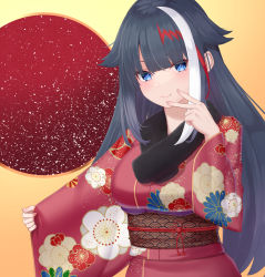 Rule 34 | azur lane, black hair, blue eyes, breasts, clenched hands, closed mouth, clothes grab, commentary request, cowboy shot, deutschland (azur lane), dots, eyebrows, eyes visible through hair, fang, fingers to cheek, fur-trimmed kimono, fur trim, gradient background, head tilt, highres, holding, japanese clothes, kimono, long hair, long sleeves, mashiro03, medium breasts, multicolored hair, obi, orange sash, pink kimono, red background, red hair, sash, sidelocks, sleeve grab, smile, solo, standing, streaked hair, traditional clothes, v, very long hair, white hair, wide sleeves, yellow background