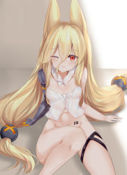 Rule 34 | 1girl, absurdres, animal ears, arm support, armor, ass, barcode, barcode tattoo, blonde hair, blue eyes, blush, bottomless, breasts, collarbone, eyes visible through hair, fox ears, g41 (girls&#039; frontline), girls&#039; frontline, hair between eyes, heterochromia, highres, knees together feet apart, long hair, looking at viewer, navel, no panties, one eye closed, red eyes, ru zhai, sitting, small breasts, smile, solo, stomach, tattoo, thigh strap, thighhighs, twintails, very long hair, white thighhighs