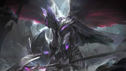 Rule 34 | 1boy, absurdres, alternate costume, armor, cape, feathers, glowing, glowing eyes, helm, helmet, highres, holding, holding polearm, holding weapon, league of legends, male focus, outdoors, pantheon (league of legends), polearm, rain, sharp teeth, shield, solo, standing, teeth, torn cape, torn clothes, water, weapon, wings, wutu (1183238220)