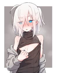 Rule 34 | 1girl, ahoge, aqua nails, areola slip, arm at side, averting eyes, azuma shino, bare shoulders, black sweater, blue eyes, blush, blush visible through hair, border, cleavage cutout, clothes pull, clothing cutout, commentary request, drawstring, ear blush, eyes visible through hair, female focus, fingernails, flat chest, grey background, grey jacket, half updo, hand up, highres, jacket, long sleeves, medium hair, meme attire, nail polish, nose blush, nowareno (azuma shino), off shoulder, open-chest sweater, original, outside border, parted lips, pulled by self, ribbed sweater, sidelocks, sideways glance, sketch, sleeveless, sleeveless sweater, solo, steaming body, sweater, sweater pull, turtleneck, turtleneck sweater, upper body, white border, white hair