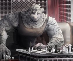 Rule 34 | 1boy, animal ears, arknights, bara, bare shoulders, black tank top, board game, chess, chess piece, chessboard, couch, covered erect nipples, fluffy, furry, furry male, highres, large pectorals, male focus, mountain (arknights), muscular, muscular male, on couch, pectorals, pout, scar, scar across eye, scar on face, short hair, sidepec, sitting, solo, solomon (solosolosolomon), tail, tank top, thick eyebrows, tiger boy, tiger ears, tiger tail, white fur, white hair