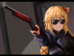 Rule 34 | 1girl, absurdres, akai haato, blonde hair, commentary request, cosplay, expressionless, gun, hair ornament, hair ribbon, hairclip, highres, holding, holding gun, holding weapon, hololive, letterboxed, long hair, parody, ribbon, scene reference, shotgun, solo, sunglasses, t-800, t-800 (cosplay), terminator (series), virtual youtuber, weapon, winchester model 1887, yato (yama0x1)