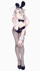 Rule 34 | 1girl, absurdres, animal ears, black bow, black bowtie, black footwear, black leotard, bow, bowtie, breasts, cleavage, detached collar, fishnet pantyhose, fishnets, full body, green eyes, grey hair, hair tie, hand on own knee, highres, kantai collection, kinugasa (kancolle), kinugasa kai ni (kancolle), large breasts, leaning forward, leotard, looking at viewer, ojipon, one side up, pantyhose, playboy bunny, rabbit ears, simple background, solo, strapless, strapless leotard, white background, wrist cuffs