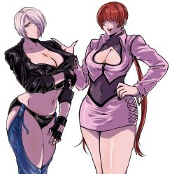 Rule 34 | angel (kof), backless pants, blue eyes, bra, breasts, chaps, cleavage, cleavage cutout, clothing cutout, covered eyes, crop top, cropped jacket, earrings, fingerless gloves, gloves, hair over eyes, hair over one eye, hand on own thigh, hasuda kunkun, jacket, jewelry, large breasts, leather, leather jacket, lips, lipstick, looking at viewer, makeup, midriff, miniskirt, navel, panties, pants, pink jacket, red hair, shermie (kof), short hair, skirt, snk, split ponytail, strapless, strapless bra, the king of fighters, the king of fighters &#039;97, the king of fighters xiv, toned, underwear, white hair