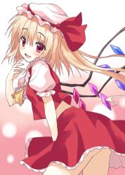 Rule 34 | 1girl, ascot, blonde hair, blush, flandre scarlet, hat, long hair, looking at viewer, open mouth, rasahan, red eyes, side ponytail, smile, solo, touhou, wings