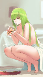 Rule 34 | 1girl, barefoot, bed, blanket, blurry, blurry background, c.c., cheese trail, code geass, commentary request, depth of field, eating, expressionless, food, full body, green hair, highres, holding, holding food, indoors, long hair, looking at viewer, nude, pizza, pizza box, pizza slice, sawasa, signature, solo, squatting, straight hair, very long hair, yellow eyes