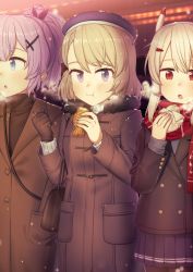 Rule 34 | 3girls, alternate costume, ayanami (azur lane), azur lane, bad id, bad pixiv id, beret, black gloves, black jacket, blonde hair, blue eyes, blue skirt, breath, buttons, chewing, closed mouth, coat, commentary, double-breasted, eating, food, fur-trimmed jacket, fur trim, gloves, hat, holding, holding food, jacket, javelin (azur lane), long sleeves, minigun (artist), multiple girls, outdoors, platinum blonde hair, pleated skirt, purple eyes, purple hair, red eyes, red scarf, ribbed sweater, scarf, sidelocks, single glove, skirt, snow, snowing, sweater, sweater under jacket, taiyaki, wagashi, wavy mouth, winter, winter clothes, winter coat, z23 (azur lane)