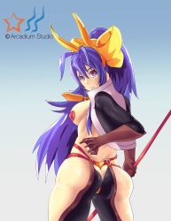 Rule 34 | 1girl, absurdres, antenna hair, arc system works, arcadium studio, ass, blazblue, blue hair, blush, bow, breasts, butt crack, embarrassed, from behind, hair bow, highres, huge ass, large breasts, long hair, looking at viewer, looking back, mai natsume, meme attire, open mouth, pants, parted lips, polearm, ponytail, purple eyes, reverse bunnysuit, reverse outfit, shiny skin, sideboob, solo, spear, very long hair, weapon