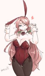 Rule 34 | 1girl, animal ears, blue eyes, bow, bowtie, braid, breasts, rabbit ears, playboy bunny, cleavage, detached collar, hong meiling, large breasts, long hair, one eye closed, pantyhose, ponke, red hair, revision, touhou, twin braids, wink, wrist cuffs