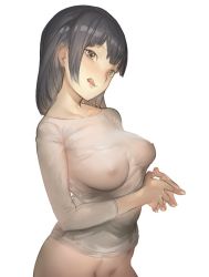 Rule 34 | 1girl, :q, aos, black hair, blunt bangs, bottomless, breasts, brown eyes, collarbone, copyright request, covered erect nipples, groin, head tilt, hip focus, looking at viewer, no bra, out-of-frame censoring, own hands together, see-through, shirt, short hair, simple background, solo, tongue, tongue out, wet, wet clothes, wet shirt, white background, white shirt