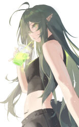 Rule 34 | 1girl, absurdres, antenna hair, arknights, bare shoulders, black shirt, breasts, commentary request, crocodilian tail, cup, drinking, drinking straw, from side, gavial (arknights), green eyes, green hair, hair between eyes, highres, holding, holding cup, long hair, looking at viewer, material growth, midriff, oripathy lesion (arknights), ozeu0916, pointy ears, shirt, simple background, sleeveless, sleeveless shirt, slit pupils, small breasts, solo, straight hair, tail, very long hair, white background