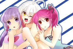 Rule 34 | 3girls, ahoge, bare shoulders, bikini, blush, breasts, brown eyes, cheria barnes, long hair, multicolored hair, multiple girls, navel, one eye closed, open mouth, pascal (tales), pascal (tales), pink hair, purple hair, ribbon, short hair, side ponytail, sophie (tales), swimsuit, tales of (series), tales of graces, twintails, wink, yellow eyes