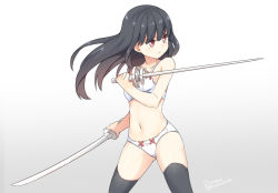 Rule 34 | 1girl, bare arms, bare shoulders, black hair, black thighhighs, blush, bow, bow bra, bow panties, bra, breasts, dual wielding, gradient background, grey background, hair between eyes, hatsunatsu, holding, holding sword, holding weapon, katana, long hair, looking away, looking to the side, navel, original, panties, parted lips, red eyes, small breasts, solo, sword, thighhighs, twitter username, underwear, underwear only, v-shaped eyebrows, very long hair, weapon, white background, white bra, white panties