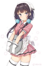 Rule 34 | 1girl, apron, blend s, gloves, head scarf, highres, honorikiti, long hair, looking at viewer, low twintails, purple eyes, sakuranomiya maika, short sleeves, smile, solo, thighhighs, tray, twintails, waitress, white gloves, white thighhighs