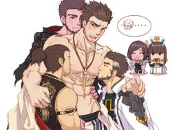 Rule 34 | ..., 2girls, 4boys, abs, arm on another&#039;s shoulder, avenger (dungeon and fighter), bara, beard, behind another, blush, brown hair, character request, check character, chibi, chibi inset, covering own mouth, cross, cross necklace, dungeon and fighter, facial hair, feet out of frame, fujoshi, hand on another&#039;s waist, highres, jewelry, kulolin, large pectorals, licking, licking nipple, male focus, male priest (dungeon and fighter), mature male, monk (dungeon and fighter), multiple boys, multiple girls, muscular, muscular male, navel, necklace, nipple stimulation, nipples, pectorals, priest, priest (dungeon and fighter), red eyes, saint (dungeon and fighter), saliva, seductive smile, short hair, shy, sideburns, smile, standing, stomach, stubble, textless version, thick eyebrows, yaoi
