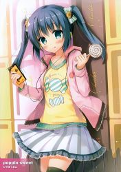 Rule 34 | 1girl, :q, absurdres, artist name, black thighhighs, blush, bow, candy, cellphone, closed mouth, collarbone, earbuds, earphones, english text, food, food print, green eyes, green hair, hair bow, head tilt, highres, hisama kumako, holding, holding food, holding phone, hood, hooded jacket, jacket, lollipop, long hair, long sleeves, matching hair/eyes, open clothes, open jacket, original, phone, pleated skirt, scan, shirt, skirt, smartphone, smile, solo, strawberry print, swirl lollipop, thighhighs, tongue, tongue out, twintails, yellow shirt