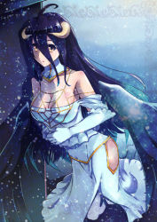 Rule 34 | 1girl, albedo (overlord), black hair, breasts, brown eyes, cleavage, collarbone, dress, elbow gloves, gloves, hair between eyes, horns, large breasts, long hair, overlord (maruyama), solo, toyozero, white dress, white gloves