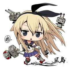 Rule 34 | &gt; &lt;, 10s, 1girl, :3, anchor, black eyes, blonde hair, blush, boots, chibi, closed eyes, elbow gloves, gloves, grey footwear, hairband, highres, kantai collection, lifebuoy, long hair, looking at viewer, navel, rensouhou-chan, shimakaze (kancolle), simple background, skirt, striped clothes, striped thighhighs, swim ring, teitei, thighhighs, white background