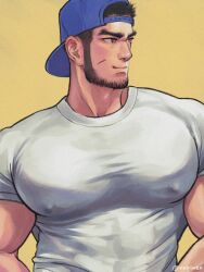 Rule 34 | 1boy, backwards hat, bara, baseball cap, black hair, brown background, closed mouth, covered erect nipples, facial hair, facial scar, golden kamuy, hat, large pectorals, long sideburns, male focus, muscular, muscular male, nopinzo, pectorals, scar, scar on cheek, scar on face, shirt, short hair, sideburns, simple background, smile, solo, tanigaki genjirou, thick eyebrows, twitter username, upper body, white shirt