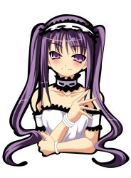 Rule 34 | 00s, 1girl, bracelet, choker, collarbone, cropped torso, euryale (fate), fate/hollow ataraxia, fate/stay night, fate (series), head tilt, jewelry, long hair, purple eyes, purple hair, simple background, solo, stheno (fate), symbol-shaped pupils, twintails, upper body, very long hair, white background