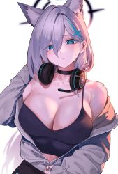 Rule 34 | 1girl, absurdres, animal ear fluff, animal ears, black choker, blue archive, blue eyes, breasts, broken halo, choker, cleavage, collarbone, cross hair ornament, extra ears, grey hair, hair between eyes, hair ornament, halo, headphones, headphones around neck, highres, jacket, kazane-wind, large breasts, long hair, looking at viewer, mismatched pupils, pants, partially unzipped, shiroko (blue archive), shiroko terror (blue archive), simple background, single bare shoulder, solo, sweat, tank top, wolf ears