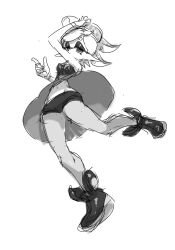 Rule 34 | 1girl, ankle boots, arm up, boots, bow-shaped hair, cross-shaped pupils, dress, full body, gloves, groin, hand on own head, highres, koharu2.5, marie (splatoon), monochrome, navel, nintendo, object on head, pantyhose, pointy ears, short eyebrows, short hair, shorts, shorts under dress, simple background, sketch, solo, splatoon (series), splatoon 1, symbol-shaped pupils, tentacle hair, white background