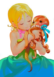 Rule 34 | 1girl, animal, blonde hair, blue bow, bow, dress, closed eyes, holding, holding animal, original, pagye, pink bow, simple background, solo, squid, strapless, strapless dress, two-tone dress, white background