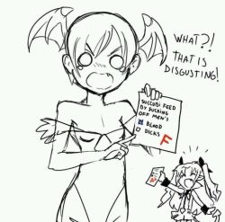 Rule 34 | artist request, astarotte ygvar, blush, fang, lilith aensland, lotte no omocha!, monochrome, open mouth, small breasts, demon girl, tears, vampire (game)
