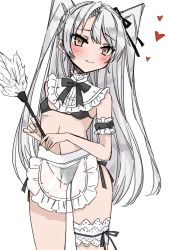 Rule 34 | 1girl, alternate costume, amatsukaze (kancolle), apron, black bra, black panties, blush, bra, breasts, bridal garter, chigasaki yukari, duster, enmaided, feather duster, frills, heart, highres, holding, holding duster, kantai collection, long hair, maid, orange eyes, panties, see-through, side-tie panties, silver hair, simple background, small breasts, smile, solo, thigh strap, underwear, waist apron, white apron, white background