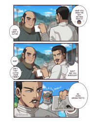 Rule 34 | 3boys, 3koma, absurdres, aged down, all fours, bald, blush, character request, comic, dark-skinned male, dark skin, draw your babygirl (meme), drawing (object), english text, facial hair, forked eyebrows, goatee, golden kamuy, highres, holding, holding drawing, koito heiji, koito otonoshin, male focus, meme, msf (felsmlll), multiple boys, mustache, old, old man, pointing, pointing at another, scene reference, short hair, sweatdrop, tsurumi tokushirou