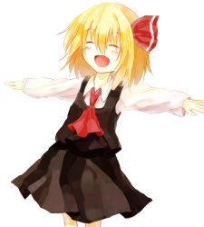 Rule 34 | 1girl, ^ ^, amoranorem, bad id, bad pixiv id, closed eyes, closed eyes, female focus, hair between eyes, kashii (amoranorem), open mouth, outstretched arms, rumia, smile, solo, spread arms, touhou, white background