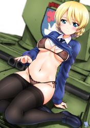 Rule 34 | 10s, 1girl, black bra, black panties, black pantyhose, blonde hair, blue eyes, blue sweater, blurry, blush, bra, braid, breasts, breasts apart, closed mouth, clothes lift, clothes pull, commentary request, covered erect nipples, darjeeling (girls und panzer), depth of field, emblem, girls und panzer, hair between eyes, kamogawa tanuki, large breasts, loafers, long sleeves, looking at viewer, military, military vehicle, motor vehicle, navel, nipples, on vehicle, panties, pantyhose, pantyhose pull, school uniform, see-through, see-through bra, shiny skin, shirt lift, shoes, short hair, side-tie panties, sitting, smile, solo, st. gloriana&#039;s (emblem), st. gloriana&#039;s school uniform, string panties, sweater, swimsuit, tank, thighs, twin braids, underwear, untying