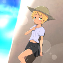 Rule 34 | 1girl, against rock, bare legs, blonde hair, blush, cato (monocatienus), clothes pull, come hither, green eyes, hat, leaning back, looking at viewer, lunasa prismriver, miniskirt, navel, petite, shirt, shirt pull, short hair, short sleeves, skirt, smile, solo, sun hat, t-shirt, team shanghai alice, touhou, very short hair
