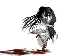 1boy 1girl aaa_(9543479338) absurdres bandaged_head bandages black_hair blood blood_on_clothes blood_on_face blood_on_ground boots carrying carrying_person child_carry closed_eyes commentary_request crowbar dress full_body grey_hair heroine_(homicipher) highres homicipher long_hair mr._crawling raincoat short_hair simple_background standing standing_on_one_leg very_long_hair white_background