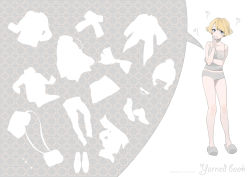 Rule 34 | 1girl, ?, bare arms, bare shoulders, blonde hair, blue eyes, bra, camisole, hand to own mouth, hand up, looking at viewer, lowe (slow), original, pink bra, short hair, silhouette, slippers, solo, speech bubble, standing, underwear, underwear only