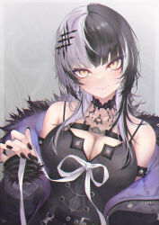 Rule 34 | 1girl, a9 (repainter), absurdres, black choker, black coat, black dress, black hair, black nails, blush, breasts, chest belt, choker, cleavage, coat, dress, fur-trimmed coat, fur trim, highres, hololive, hololive english, jewelry, lace-trimmed choker, lace trim, large breasts, looking at viewer, medium hair, multicolored hair, nail polish, ribbon, ring, shiori novella, shiori novella (1st costume), smile, solo, split-color hair, virtual youtuber, white hair, white ribbon, yellow eyes