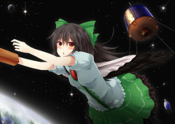 Rule 34 | 1girl, arm cannon, bird wings, black hair, black wings, blush, bow, breasts, brown eyes, center frills, commentary request, cookie (touhou), earth (planet), feet out of frame, flying, frilled skirt, frills, green bow, green skirt, hair between eyes, hair bow, long hair, looking at viewer, medium breasts, nadeko (cookie), open mouth, planet, puffy short sleeves, puffy sleeves, reiuji utsuho, satellite, shirt, short sleeves, skirt, solo, space, star (sky), szk, third eye, touhou, weapon, white shirt, wings