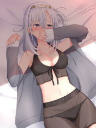 Rule 34 | 1girl, akahi242, bare shoulders, bikini, black bikini, blush, breasts, cleavage, clothes writing, covering own mouth, grey sweater, hair between eyes, headband, highres, kantai collection, long hair, looking to the side, lying, medium breasts, navel, on back, one side up, purple eyes, silver hair, solo, suzutsuki (kancolle), sweater, swimsuit