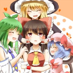 Rule 34 | 4girls, :d, bare shoulders, blonde hair, blue hair, bow, cheek poking, commentary request, detached sleeves, dress, closed eyes, fang, green hair, hair bow, hair tubes, hakurei reimu, hand in another&#039;s hair, hat, heart, highres, hug, indo (mdtanaka2007), kirisame marisa, kochiya sanae, multiple girls, necktie, open mouth, pink dress, poking, red dress, remilia scarlet, smile, sweatdrop, touhou, witch hat, wrist cuffs