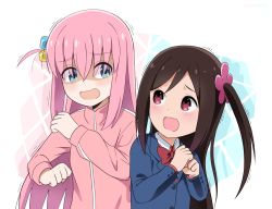 Rule 34 | 2girls, blue eyes, blush, bocchi the rock!, bow, bowtie, brown hair, collared shirt, cube hair ornament, flower, gotoh hitori, hair between eyes, hair flower, hair ornament, hanif1807, hitori bocchi, hitoribocchi no marumaru seikatsu, jacket, long hair, looking at another, multiple girls, one side up, open mouth, pink hair, pink jacket, scared, school uniform, shaded face, shirt, track jacket, trait connection