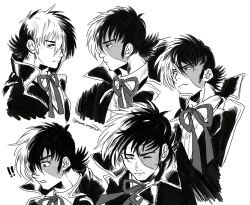 Rule 34 | !, !!, 1boy, artist name, black jack (character), black jack (series), bow, bowtie, clenched teeth, coat, collared shirt, expressions, facial scar, flinch, frown, greyscale, highres, lapels, long sideburns, looking at viewer, male focus, mame moyashi, monochrome, multicolored hair, multiple views, notched lapels, open clothes, open coat, patchwork skin, scar, scar on cheek, scar on face, serious, shirt, short hair, sideburns, simple background, split-color hair, stitched face, stitches, teeth, twitter username, wind, wing collar