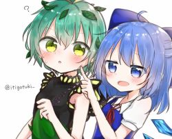 Rule 34 | 2girls, ?, antennae, aqua hair, bad id, bad twitter id, blue bow, blue eyes, blue hair, blush, bow, butterfly wings, cirno, collared shirt, commission, detached wings, dress, eternity larva, fairy, green dress, hair between eyes, hair bow, ice, ice wings, insect wings, leaf, leaf on head, multicolored clothes, multicolored dress, multiple girls, open mouth, shinonome (ichigotsuki), shirt, short hair, short sleeves, simple background, single strap, third-party source, touhou, twitter username, upper body, white background, white shirt, wings, yellow eyes