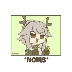 Rule 34 | 1girl, absurdres, animal ears, antlers, arknights, artist name, blush stickers, border, brown gloves, chibi, deer, deer antlers, deer ears, deer girl, eating, english text, female focus, firewatch (arknights), food, food in mouth, gloves, grass, green background, green jacket, green shirt, highres, holding, holding food, horns, jacket, kuhl-notes, medium hair, meme, ponytail, reindeer antlers, shirt, sidelocks, simple background, solo, sound effects, upper body, white border